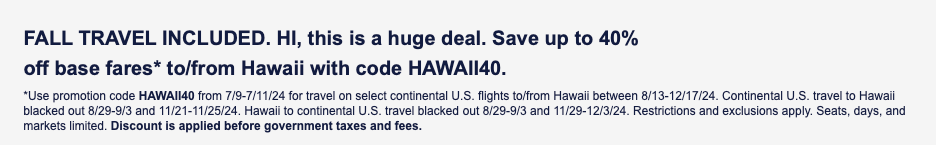 Southwest promo sale banner for Hawaii40 promo code